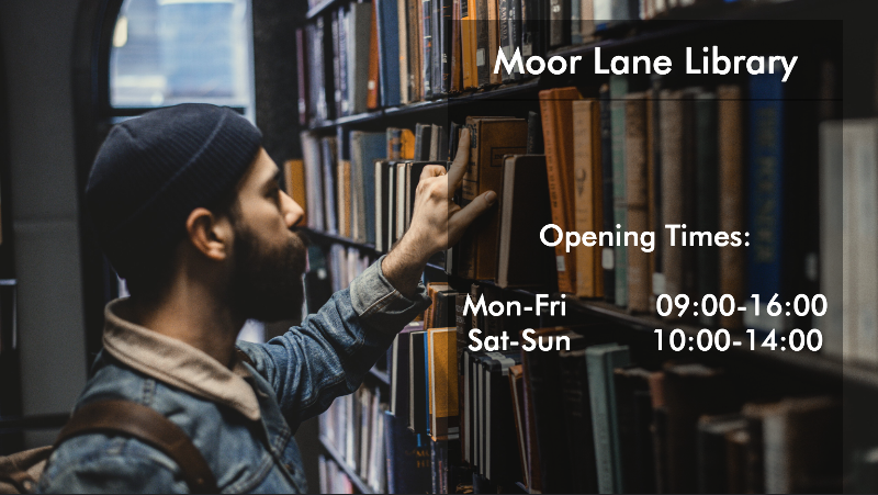 Photo of man in library with overlaid text detailing opening times