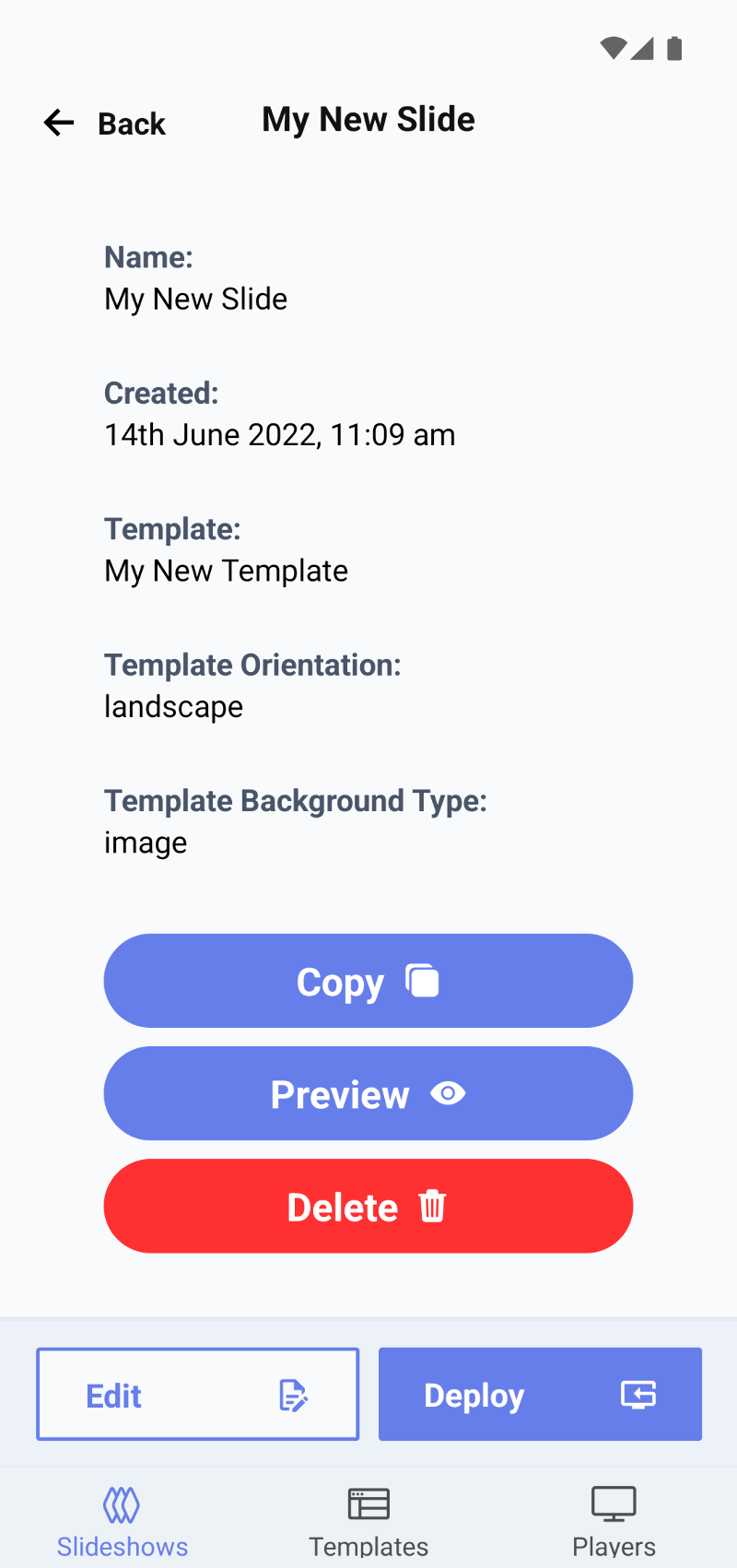 Application screenshot showing a page containing Slide information with buttons for "Copy", "Preview" and "Delete"