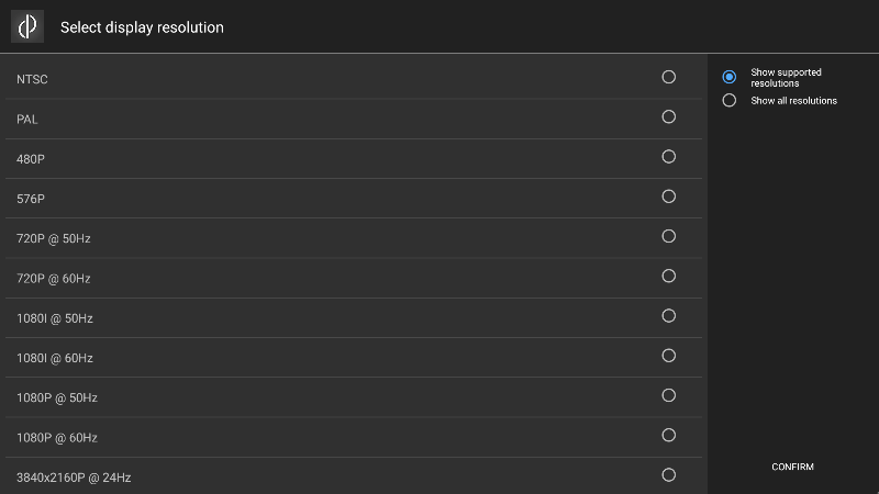 Application screenshot showing a list of display resolutions and a "confirm" button