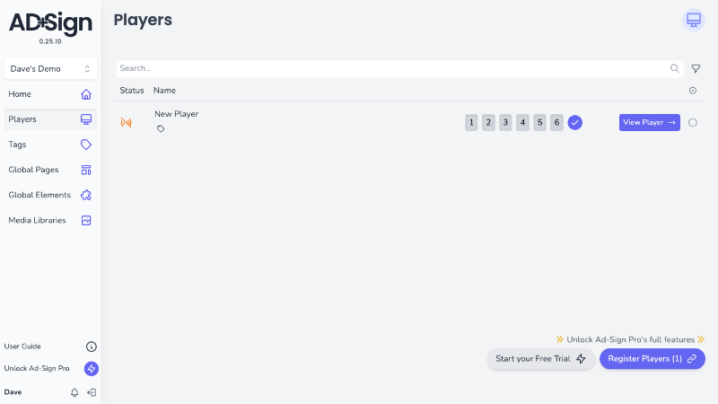 Application screenshot showing a list of signage players showing a 6 digit number input field